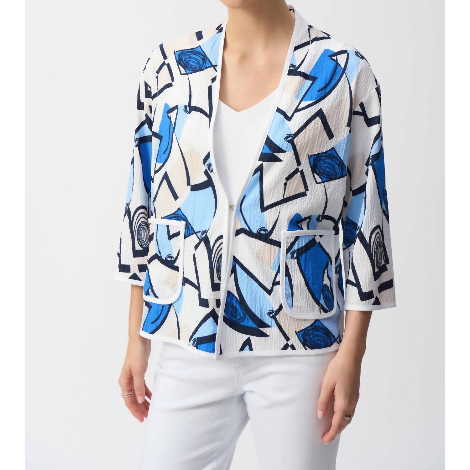 New Joseph Ribkoff Geometric Print Crinkled Jacket In Vanilla/Multi